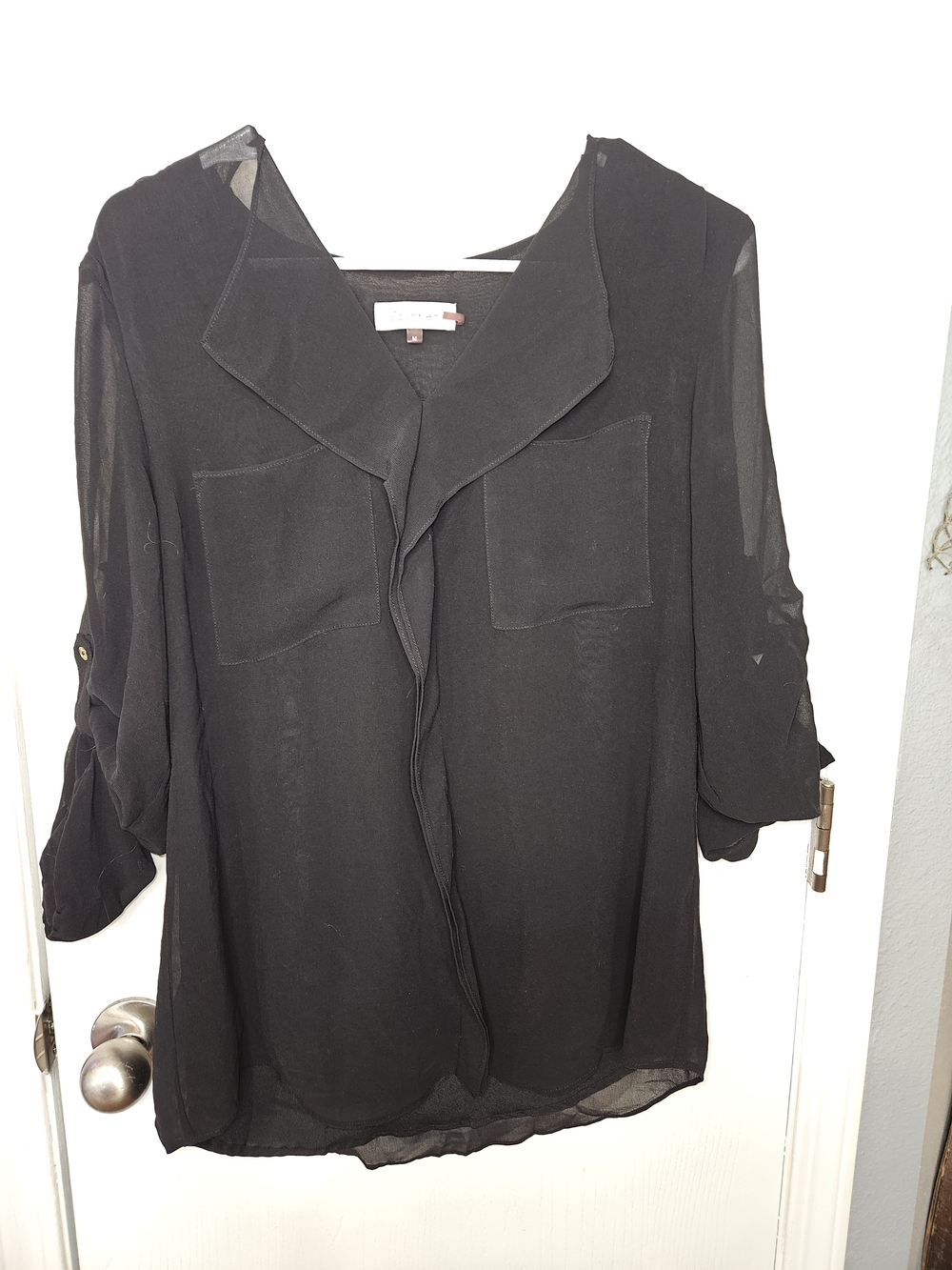 Calvin Klein Black Sheer Roll-Tab Blouse